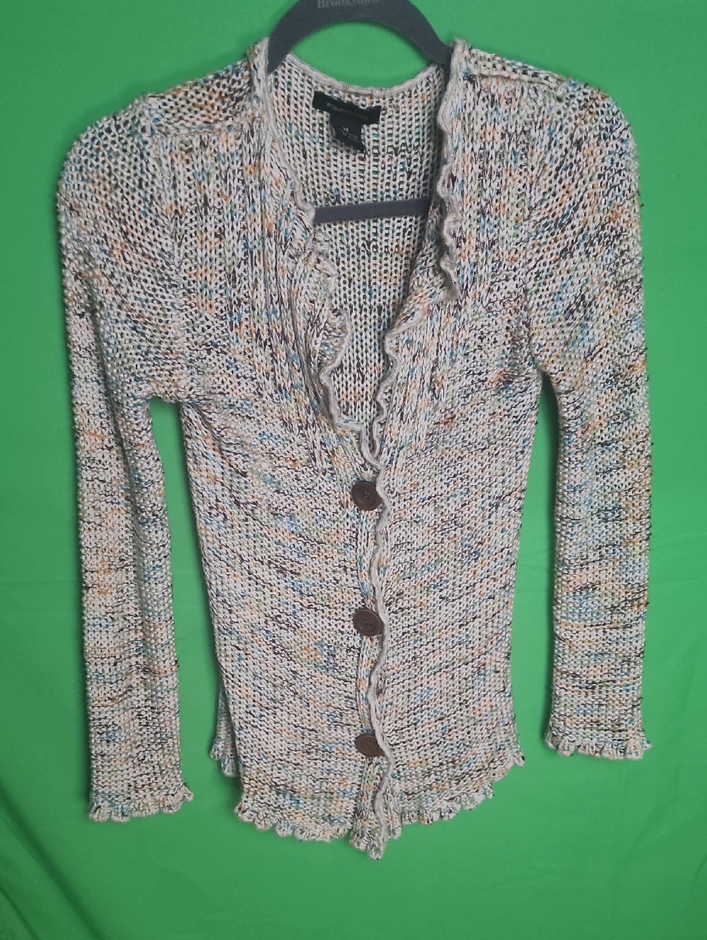 Y2K BCBGMAXAZRIA Multicolor Marled Knit Ruffle Cardigan Sweater Size M